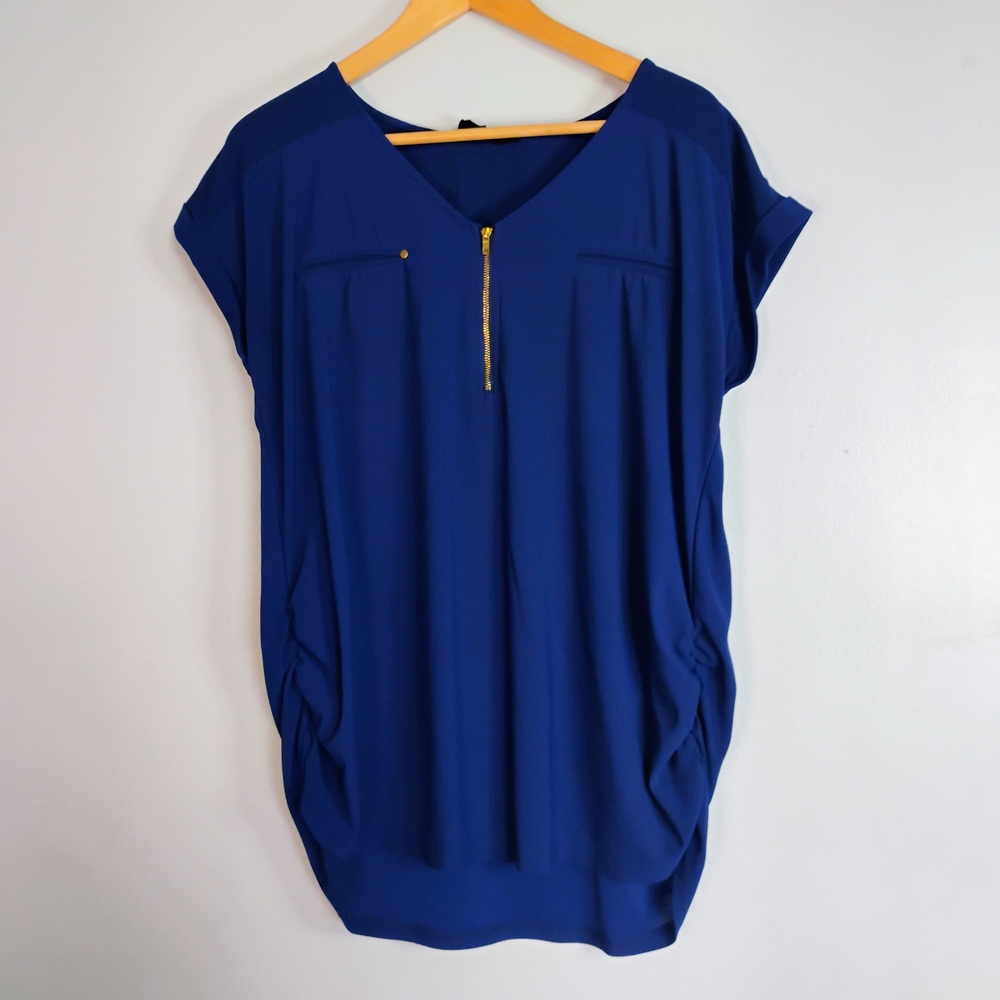 Sweet Wanderer Royal Blue Maternity Top Blouse w/ Gold Zipper V-Neckline Size XL